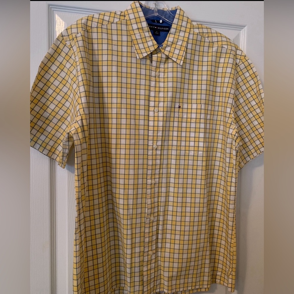 Tommy Hilfiger Men’s Cotton Shirt Size: Med. Color: Yellow w/Blue & White Stripe